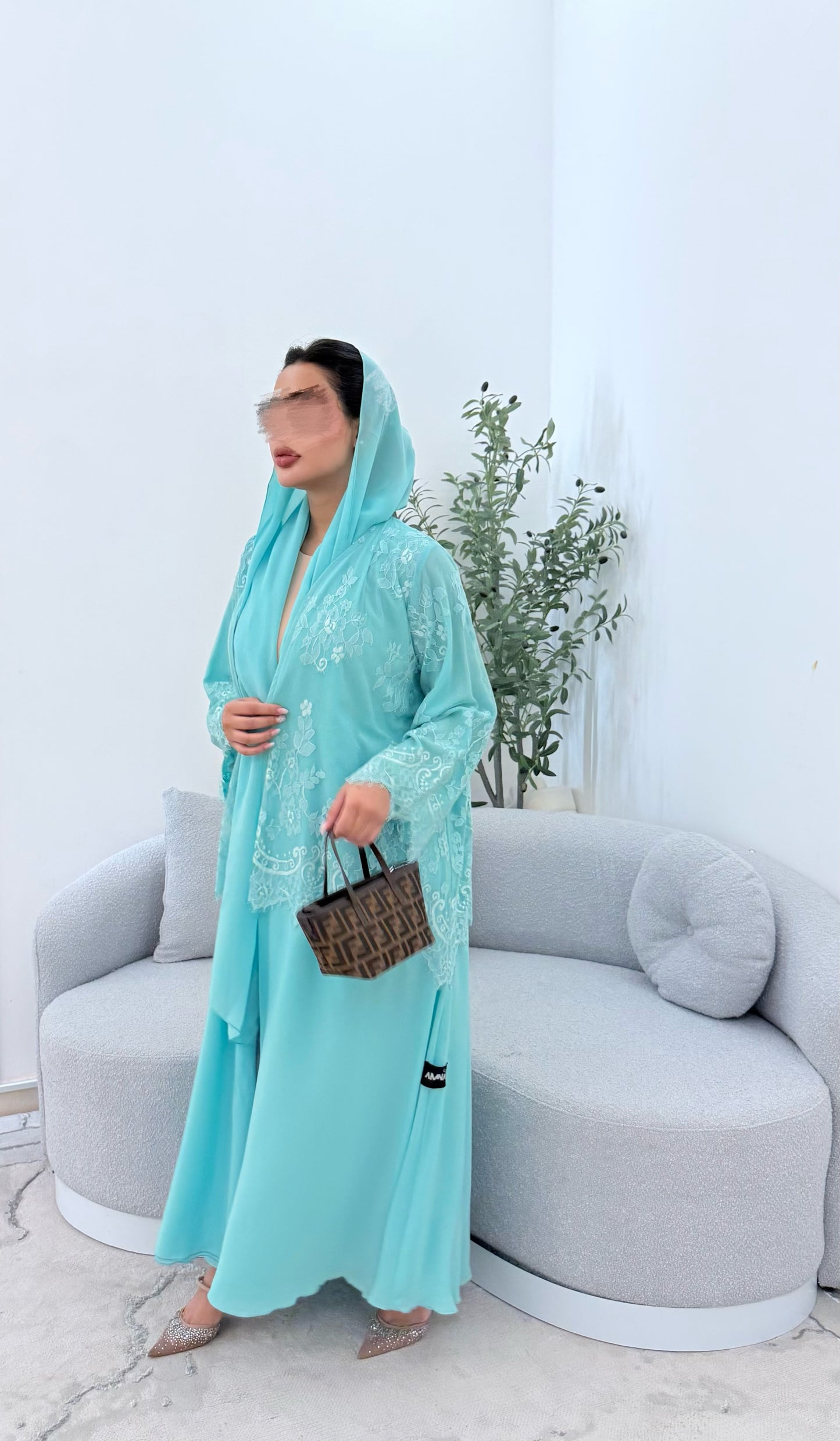 Lace abaya light blue