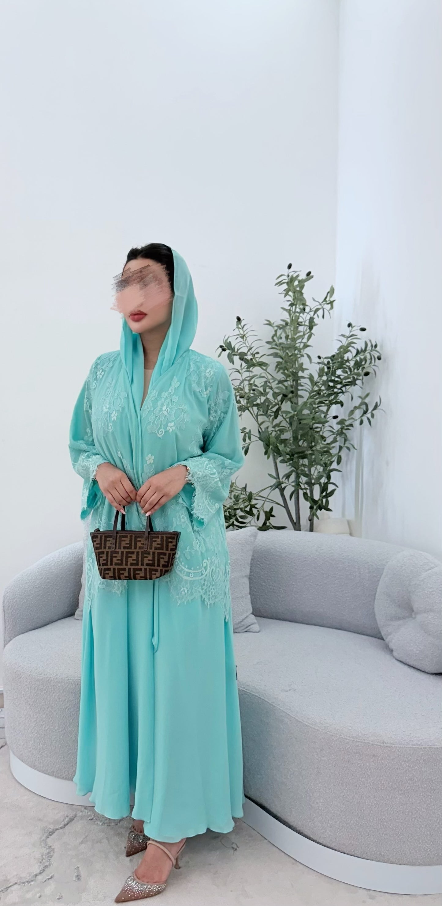 Lace abaya light blue