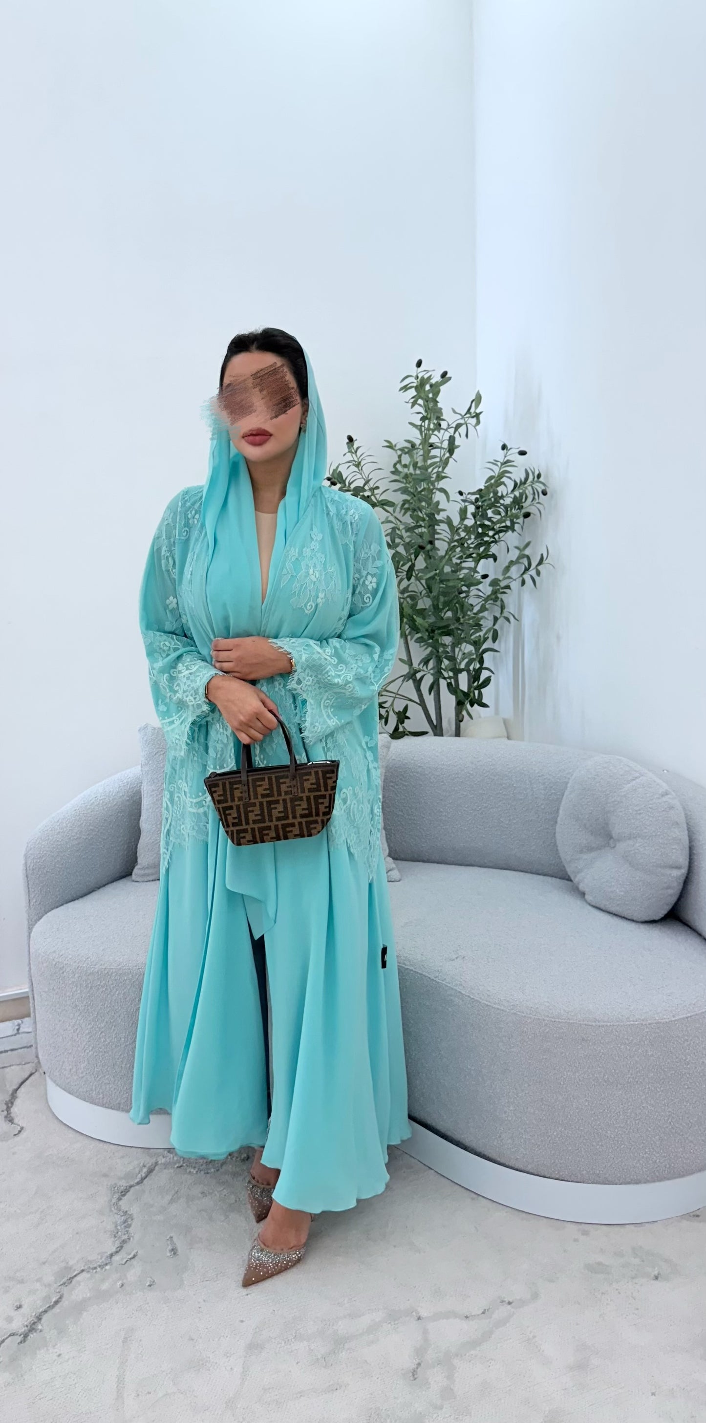 Lace abaya light blue