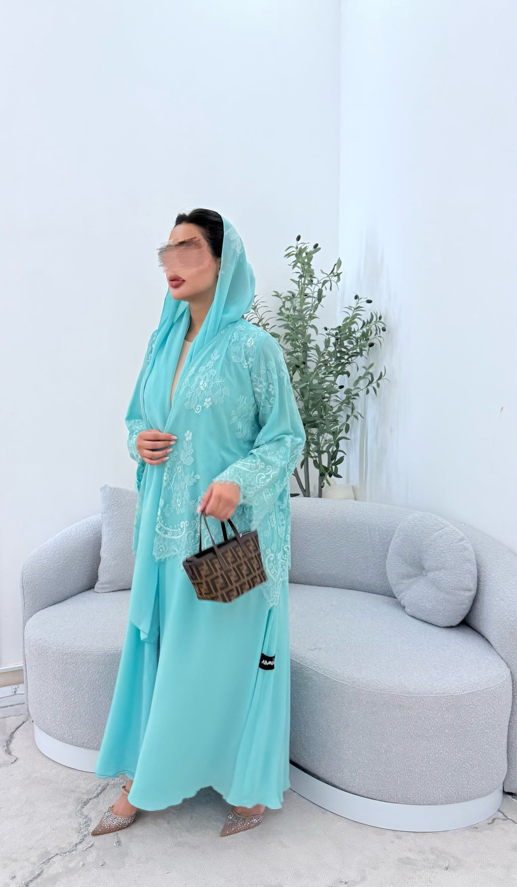 Lace abaya light blue