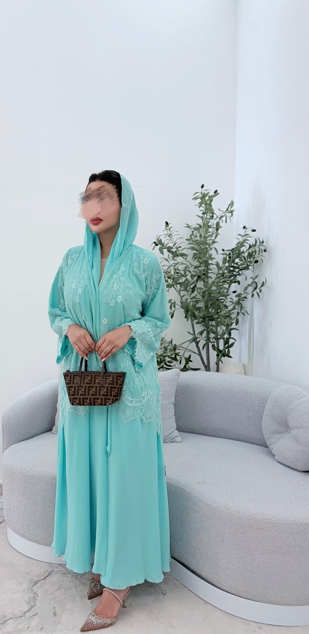 Lace abaya light blue